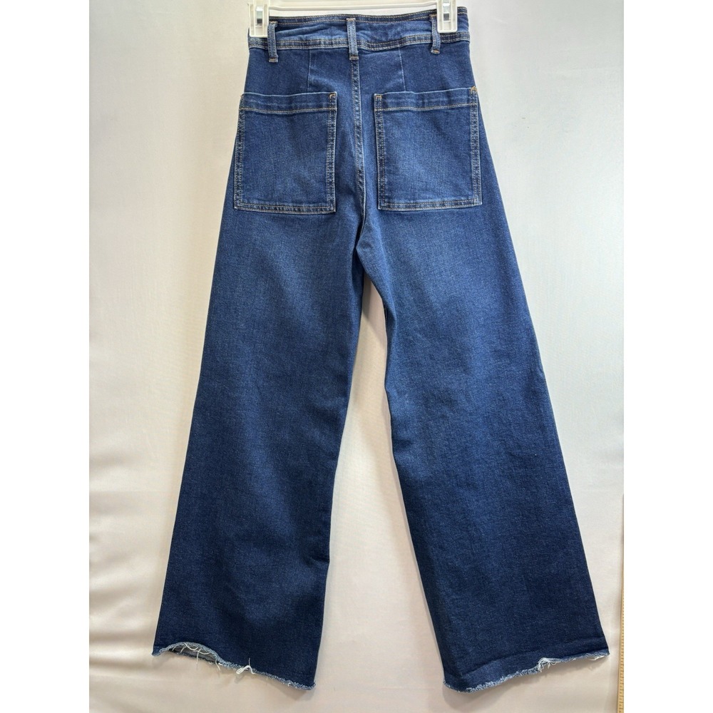 ZARA Women's High Rise Wide Leg Jeans Size 2 Dark Blue Raw Hem Denim - Picture 10 of 14